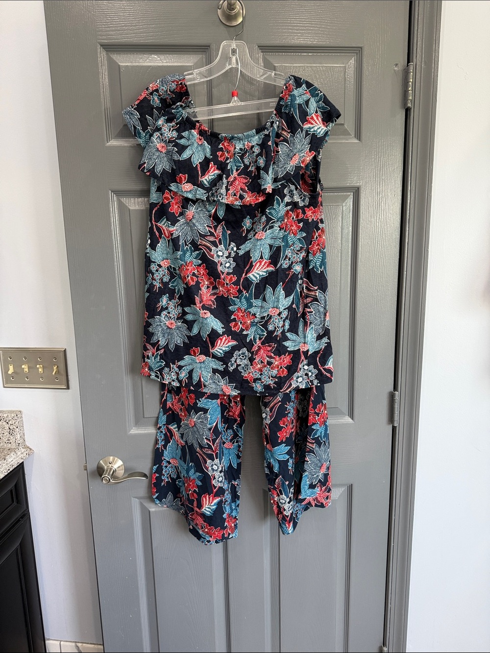 JJill XL New Navy Floral Ruffle Top and Pants Set